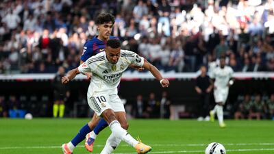 Kylian Mbappe fires home Real Madrid's first goal in the 22nd minute. Getty Images