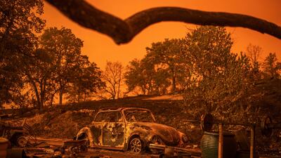 A Volkswagen Beetle scorched by a wildfire called the Carr Fire rests at a residence in Redding, California. AP Photo / Noah Berger
