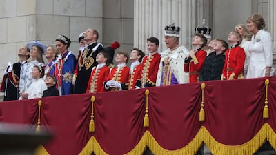 The royal family on the Buckingham Palace balcony to view the Royal Air Force fly-past in central London, after the coronation of King Charles III.