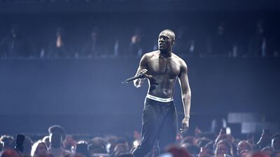 Stormzy performs at The Brit Awards 2018 held at The O2 Arena in London. Photo by Gareth Cattermole/Getty Images
