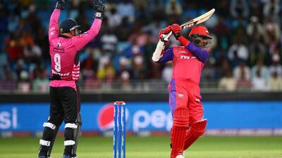 Kumar Sangakkara of Gemini Arabians bats during the opening match of the Oxigen Masters Champions League 2016 between Libra Legends and Gemini Arabians on January 28, 2016 in Dubai, United Arab Emirates. (Photo by Francois Nel/Getty Images)