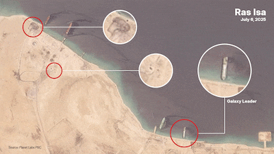 Satellite images of Ras Isa on July 6 and July 10. New damage – including to the hijacked Galaxy Leader cargo vessel – was visible on July 10, after Israeli strikes early on July 7. Photos: Planet Labs