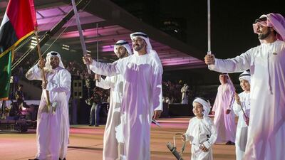 The Crown Prince of Abu Dhabi, dancing during the UAE’s 42nd National Day celebrations at the Abu Dhabi National Exhibition Centre. Ryan Carter / Crown Prince Court — Abu Dhabi