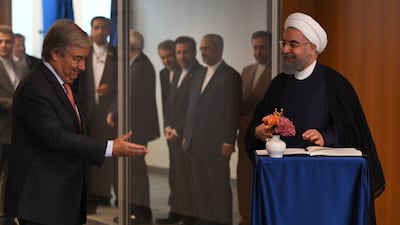 United Nations secretary-general Antonio Guterres with Iranian president Hassan Rouhani. Will the US be able to keep pragmatism alive in the case of Tehran? Don Emmert / AFP