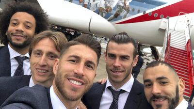 The decal shows from left to right, Marcelo, Luka Modrić, Sergio Ramos, Gareth Bale, and Karim Benzema. Courtesy Emirates