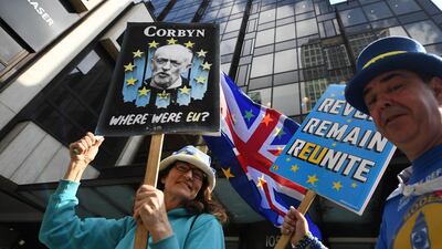 Pro EU campaigners outside the British Labour Party's national executive committee (NEC) offices. EPA