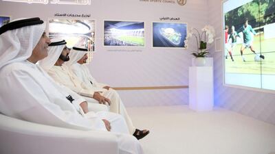 Sheikh Mohammed bin Rashid inspects the design for the new Mohammed bin Rashid Stadium in Dubai. WAM