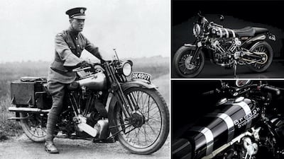 Left: Lt Col T.E. Lawrence or 'Lawrence of Arabia' on his Brough Superior SS100. Right: the modern day Brough Supeior SS100. Getty Images/Brough Superior