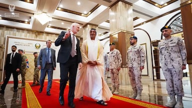 Mohammed Al Mazrouei, Minister of State for Defence Affairs, receives Alistair Carns, British Minister for the Armed Forces, in Abu Dhabi. Photo: UAE Ministry of Defence