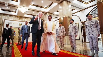 Mohammed Al Mazrouei, Minister of State for Defence Affairs, receives Alistair Carns, British Minister for the Armed Forces, in Abu Dhabi. Photo: UAE Ministry of Defence