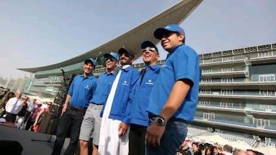 Godolphin jockeys Silvestre de Sousa, Kerrin McEvoy, Ahmed Ajtebi, Frankie Dettori and Mikail Barzalona. Pawan Singh / The National