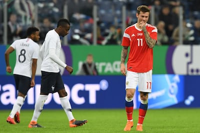 Russia's forward Fyodor Smolov sums up his side's form with his expression during their loss to France. Kirill Kudryavtsev / AFP Photo