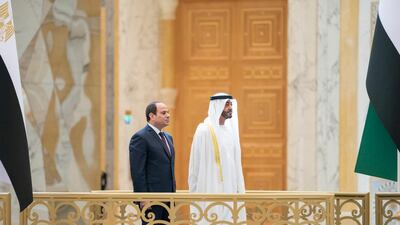 Egypt's President Abdel Fattah El Sisi is given an official welcoming reception at Qasr Al Watan in Abu Dhabi on Thursday before his meeting with Sheikh Mohamed bin Zayed, Crown Prince of Abu Dhabi and Deputy Supreme Commander of the UAE Armed Forces. Courtesy Sheikh Mohamed bin Zayed Twitter