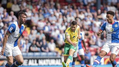 Wes Hoolahan, centre, of Norwich scores the second goal during their Championship match against Blackburn Rovers at Ewood park on August 6, 2016 in Blackburn, England. Nathan Stirk/Getty Images