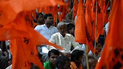 Indian United Hindu Front activists participate in a protest against the alleged 'Love Jihad' movement in New Delhi. Chandan Khanna / AFP