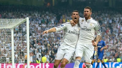 Cristiano Ronaldo and Sergio Ramos after scoring the opening goal in the Champions League semi-final second leg against Juventus in 2015.