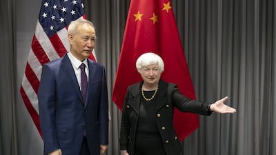 US Treasury Secretary Janet Yellen and China's Vice Premier Liu He in Zurich on Wednesday. EPA