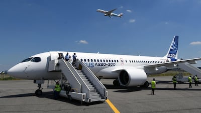 Airbus A220-300 parked on the tarmac at the Airbus delivery centre in Colomiers, southwestern France. AFP