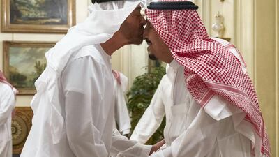 Sheikh Mohamed greets HM King Salman