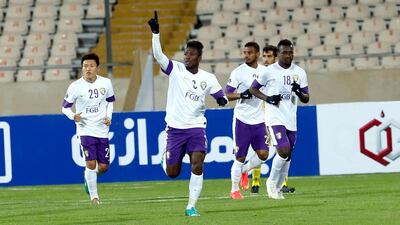 Al Ain striker Asamoah Gyan, second left, celebrates scoring during the Asian Champions League Group B match against Naft Tehran at Azadi stadium in Tehran, Iran, on March 3, 2015. Abedin Taherkenareh / EPA