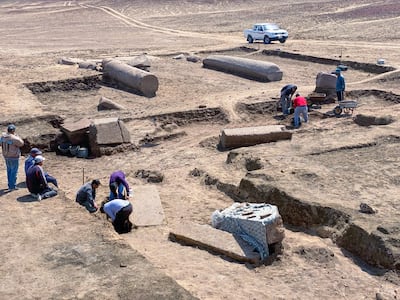 Slabs of pink granite unearthed at the Tell El Farma site in North Sinai. The area is being developed by the government in a bid to promote tourism to the peninsula. Ministry of Tourism and Antiquities