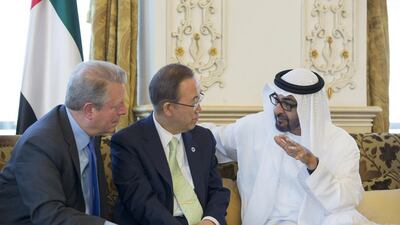 Sheikh Mohammed bin Zayed, Crown Prince of Abu Dhabi and Deputy Supreme Commander of the Armed Forces, with Ban Ki-moon, secretary general of the UN, centre, and Al Gore, former vice president of the US, and chairman of the Climate Reality Project, at the summit. Ryan Carter / Crown Prince Court - Abu Dhabi