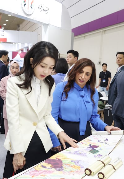 South Korean first lady Kim Keon Hee and Sheikha Bodour Al Qasimi at the Seoul International Book Fair. Photo: Sharjah Book Authority