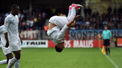 Toulouse’s French forward Andy Delort celebrates after scoring a goal during the French L1 football match between between Montpellier and Toulouse at the Mosson stadium in Montpellier. Sylvain Thomas / AFP