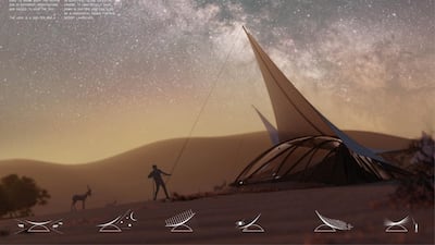 A team from Lebanon, Ahmad Nouraldeen, Luca Fraccalvieri, Jana Semaan and Lama Barhoumi, won third place for the ecolodge design competition with Desert Lens. Courtesy Environment Agency