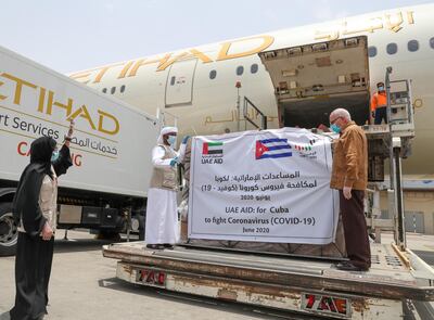 A shipment of UAE aid to tackle Covid-19 in Cuba is loaded on to an Etihad cargo aircraft. Wam