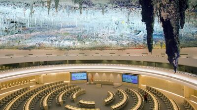 This shows a general view of the Human Rights Room at the European headquarters of the UN in Geneva, Switzerland. Salvatore Di Nolfi / AP