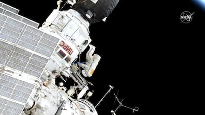 Expedition 59 Commander Oleg Kononenko participates in a spacewalk outside the International Space Station. NASA