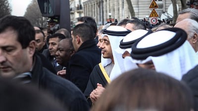 Foreign Minister Abdullah bin Zayed Al Nahyan participates in the march honouring the victims of the Paris attacks. Wam