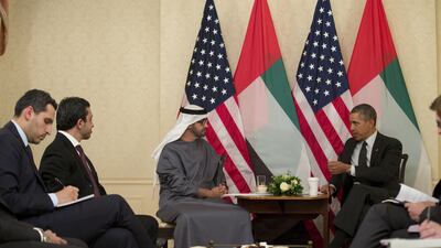 The UAE's Sheikh Mohammed bin Zayed Al Nahyan, Crown Prince of Abu Dhabi and Deputy Supreme Commander of the UAE Armed Forces, meets with US president Barack Obama after the Nuclear Security Summit on March 25, 2014. Ryan Carter/Crown Prince Court
