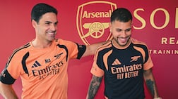Bruno Guimaraes with Arsenal manager Mikel Arteta. Photo: Arsenal FC