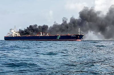 The Singapore-flagged tanker Hafnia Nile on fire in Tanjung Sedili, near Singapore. AFP