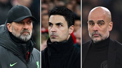From left: Liverpool manager Jurgen Klopp, Arsenal boss Mikel Arteta and head coach of Manchester City Pep Guardiola. AFP