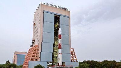 The fully integrated PSLV-C34 rocket with all its 20 satellites on board is moved out of the vehicle assembly building to the second launch pad at the Satish Dhawan Space Centre in Andhra Pradesh, India. Photo: Isro