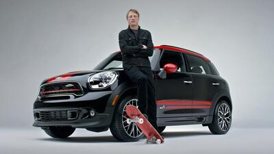 Professional skateboarder Tony Hawk features in the Defy Labels ad spot by Mini USA. Mini USA via AP