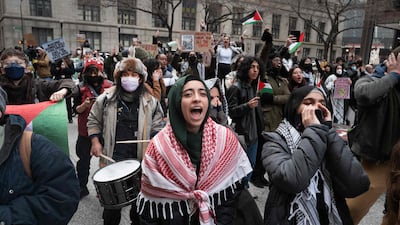 Pro-Palestinian demonstrators rally outside of Chicago's City Hall in January. Anti-Biden Democrats are planning to cast blank ballots in the Illinois primary. Getty via AFP