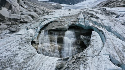 Meltwater flows inside the retreating Hornkees glacier in the Zillertal Alps near Ginzling, Austria. If the Atlantic Meridional Overturning Circulation were to seize up, Europe could cool by 5 to 15°C. Getty Images
