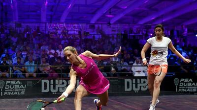 Laura Massaro of England competes against Nour El Sherbini of Egypt during Day 4 of the PSA Dubai World Series Finals at Burj Park in Dubai on Friday. Francois Nel / Getty Images