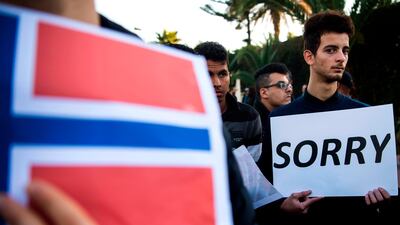 Moroccans pay tribute to murdered Danish Louisa Vesterager Jespersen and Norwegian Maren Ueland in Rabat, in front the Norwegian embassy. AFP
