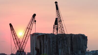 The grain silo that was damaged in the Beirut port blast in 2020, photographed at sunset on July 29, 2021. Reuters