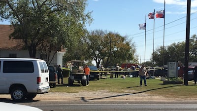 The area around a site of a mass shooting is taped off in Sutherland Springs, Texas, U.S., November 5, 2017, in this picture obtained via social media. MAX MASSEY/ KSAT 12/via REUTERS THIS IMAGE HAS BEEN SUPPLIED BY A THIRD PARTY. MANDATORY CREDIT.NO RESALES. NO ARCHIVES