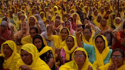 Female farmers protest against farming laws on International Women's Day at Bahadurgarh, India. Reuters