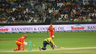 A Peshawar Zalmi batsman plays a shot against Islamabad United on Friday in the first innings of their Pakistan Super League T20 match in Dubai. Photo Courtesy / PSL