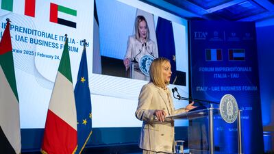 Prime Minister Giorgia Meloni delivers a speech during Italy-UAE Business Forum. Abdulla Al Neyadi / UAE Presidential Court