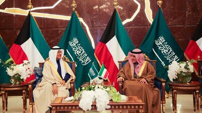 Kuwaiti Foreign Minister Ahmed Al Mohamed meets Saudi Energt Minister Prince Abdulaziz bin Salman in Kuwait City. Kuwait and Saudi Arabia have signed a preliminary agreement on dividing up oil production in the neutral zone. AFP