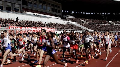 Runners compete at the start of the 26th Mangyongdae Prize Marathon at Pyongyang's Kim Il Sung Stadium. For the first time ever, North Korea is opening up the streets of its capital to runner-tourists. Jon Chol Jin / AP Photo file